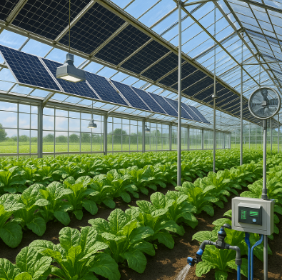 태양광 패널이 설치된 스마트 온실 내부에서 자동 관수와 환기 시스템이 작동 중인 장면