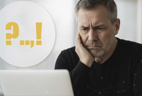 ChatGPT AI 에 질문하고 있는 고민하는 표정의 중년 남자