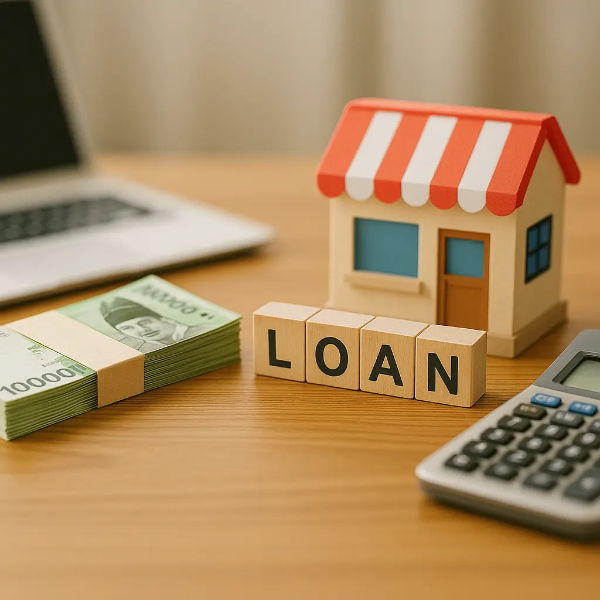 ‘LOAN’ 나무 블록과 한국 지폐, 계산기, 미니 상점 모형이 나무 테이블 위에 구성된 금융 대출 상징 이미지, 텍스트 없음