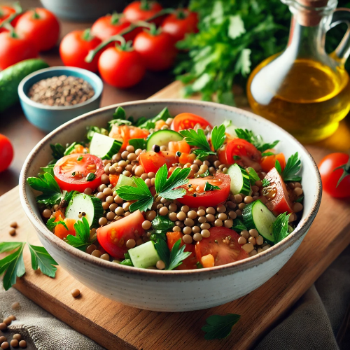 렌틸콩과 신선한 채소로 만든 건강 샐러드, 다이어트와 영양 보충에 적합한 음식