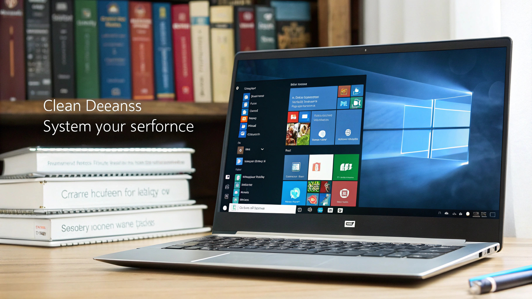 "Windows 운영체제가 실행 중인 노트북이 책상 위에 놓여 있고, 배경에는 다양한 책들이 꽂혀 있는 책장이 보임. 화면 왼쪽에는 'Clean Deeanss System your serfornce'라는 철자가 틀린 문장이 흰 글씨로 표시되어 있음. 노트북 옆에는 흰색 책 세 권이 쌓여 있으며, 오른쪽 하단에는 파란색 펜이 놓여 있음.