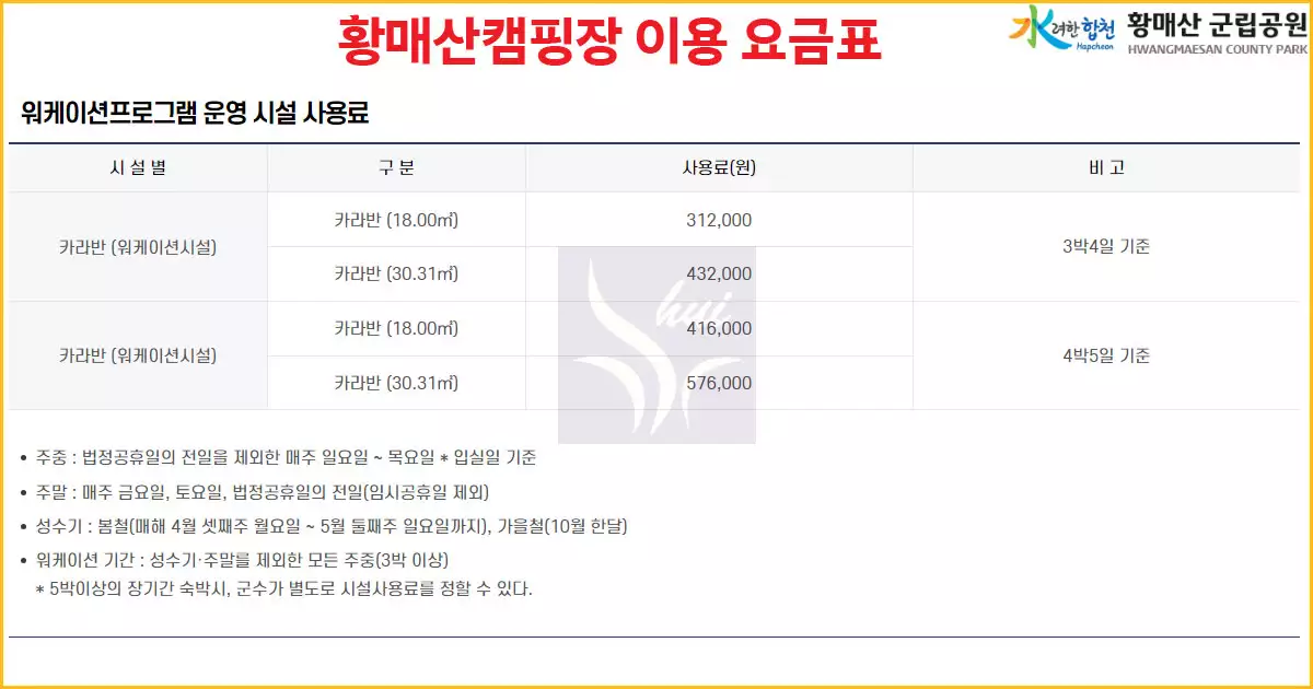 황매산 캠핑장 카라반 이용요금