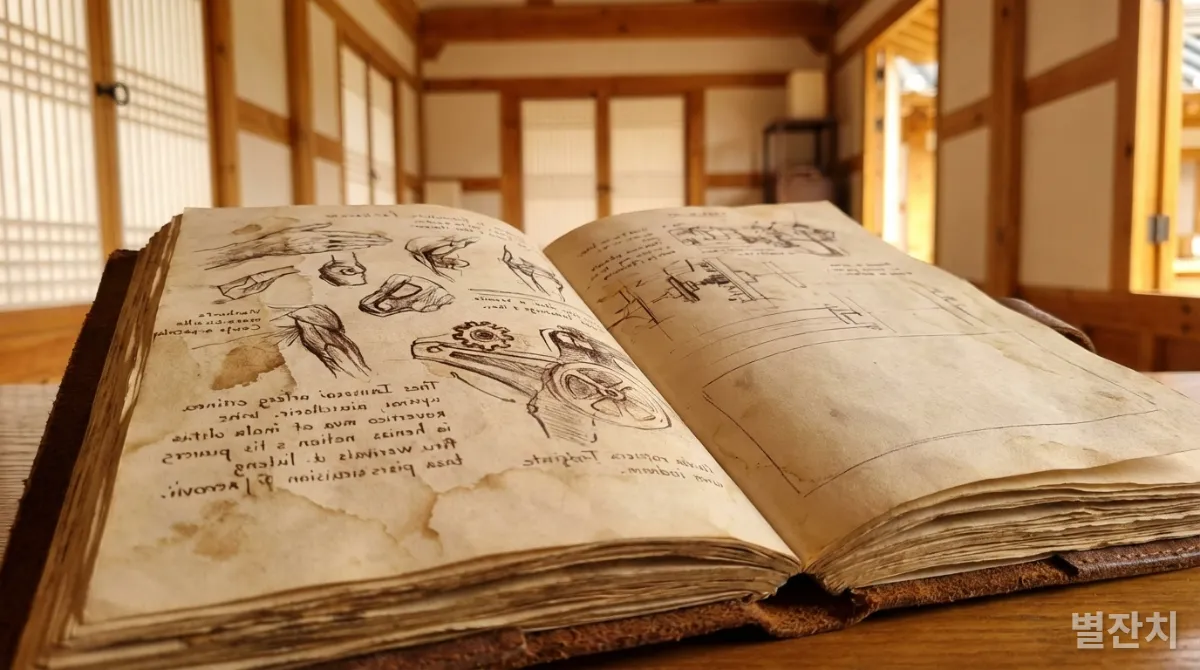 레오나르도 다빈치의 미완성 노트를 클로즈업한 이미지. 해부학과 기계 설계 스케치가 미러 라이팅으로 기록되어 있다.