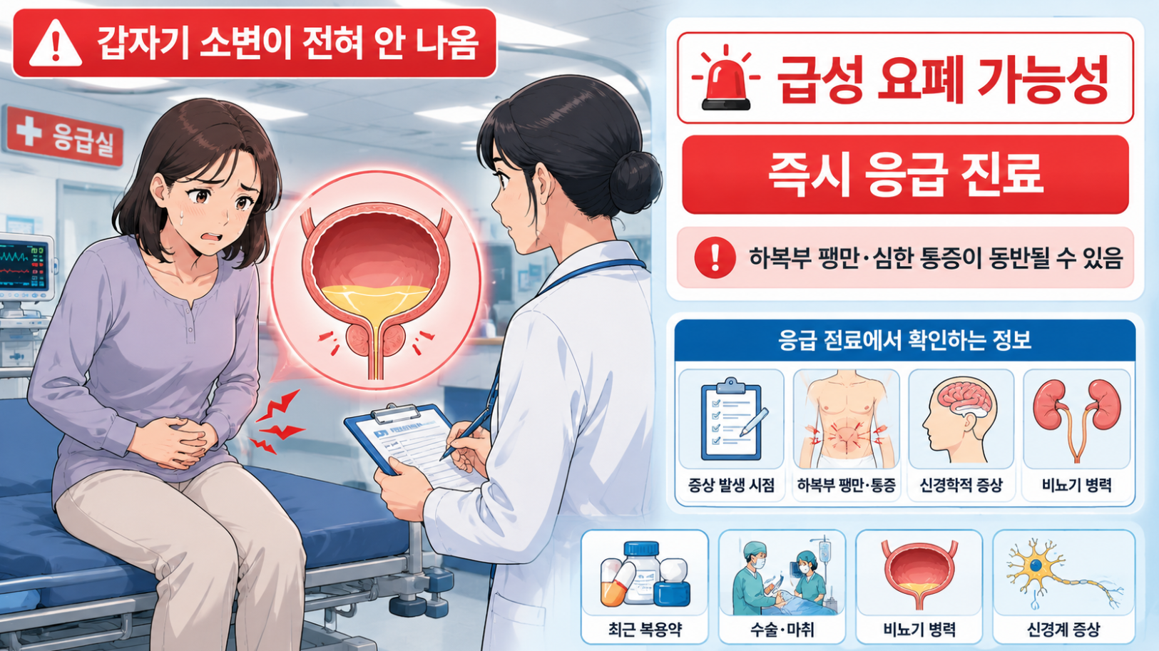 갑자기 소변이 전혀 나오지 않는 급성 요폐 가능성과 즉시 응급 진료