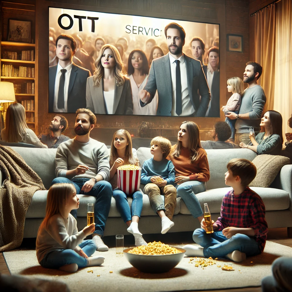 아이들과 함께 OTT 영상을 시청하는 가족과 친구들이 편안하게 모여 있는 모습