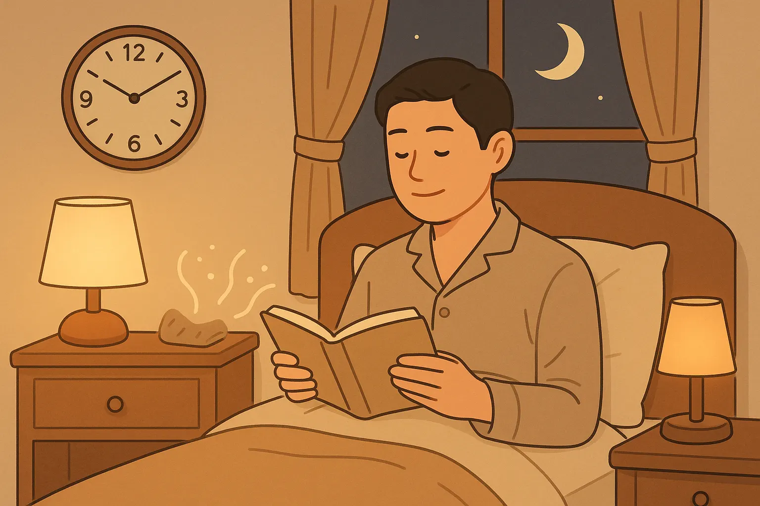 침실에서 취침 준비를 마친 사람(세안·독서·조명 낮춤), 창문 밖 어두운 밤, 포근한 침구와 부드러운 조명