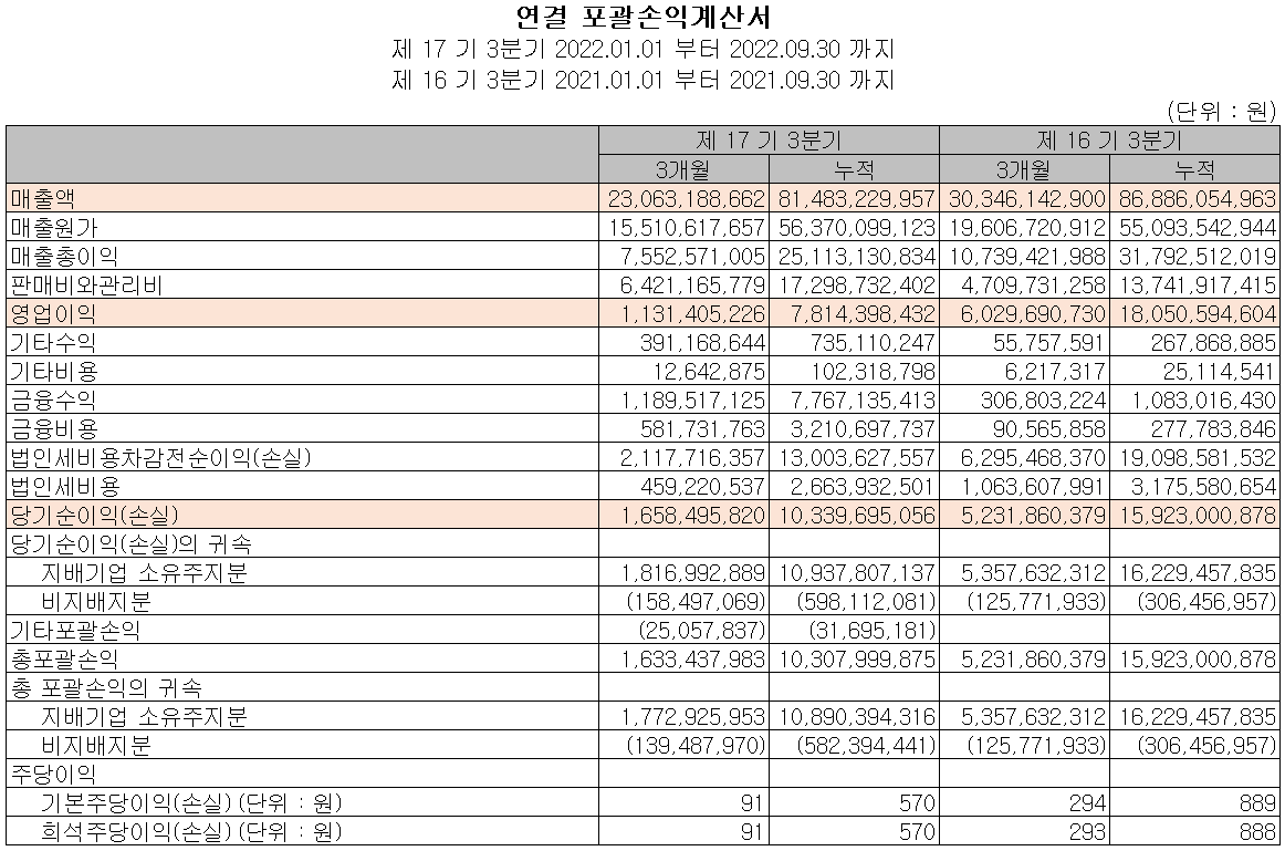 덕산테코피아 - 손익계산서
