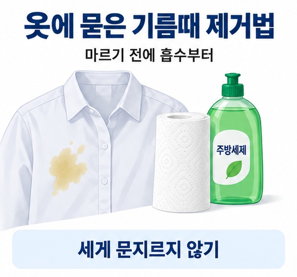 옷에 묻은 기름때 제거법이라는 제목과 셔츠에 묻은 식용유 얼룩, 키친타월, 주방세제를 함께 표현한 대표 이미지