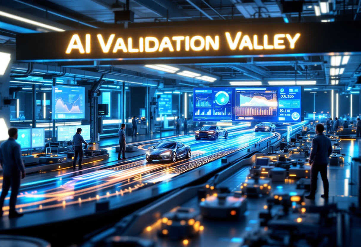 최첨단 테스트베드로 구성된 AI Validation Valley의 내부 모습. 자율주행 차량들이 시험 주행을 진행하고 있으며, 주변에는 실시간 데이터를 시각화한 대형 디스플레이가 배치되어 있습니다. 연구자들이 시스템을 관찰하며 AI 기술 개발에 집중하는 모습이 돋보입니다