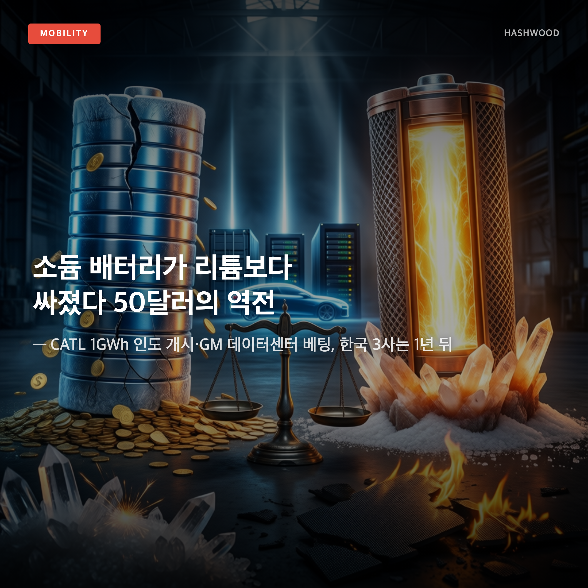 그림: 소듐 배터리가 리튬보다 싸졌다 50달러의 역전 — — CATL 1GWh 인도 개시·GM 데이터센터 베팅, 한국 3사는 1년 뒤