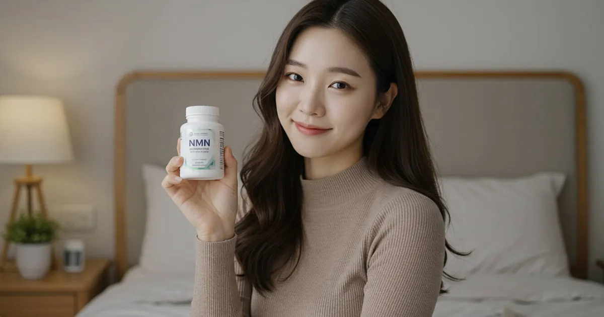 침대가 있는 방안에서 NMN영양제를 들고있는 여성 이미지