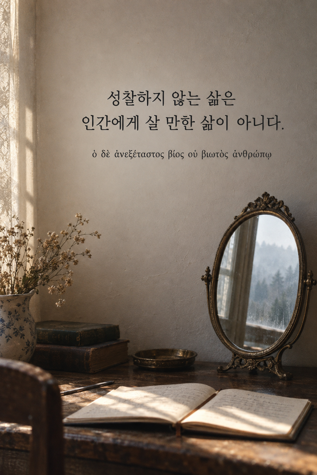 소크라테스 명언 1 &mdash; 성찰하지 않는 삶은 인간에게 살 만한 삶이 아니다. &mdash; 안개 낀 창가의 빈 거울과 작은 수첩