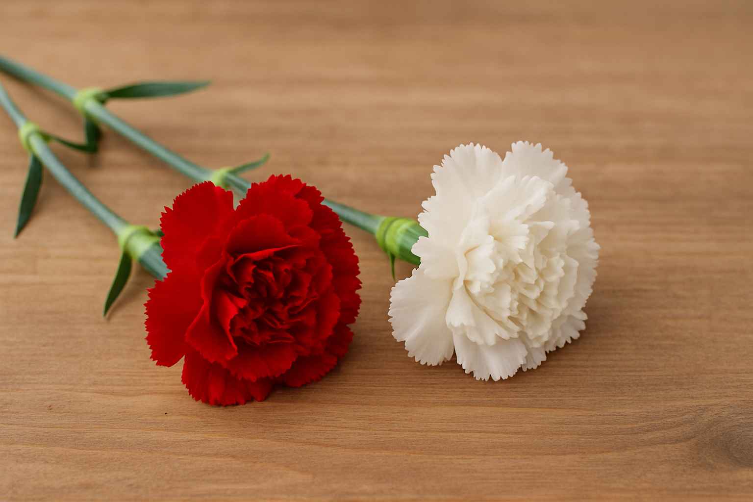 나란히 놓인 붉은색과 흰색 카네이션의 실사 이미지