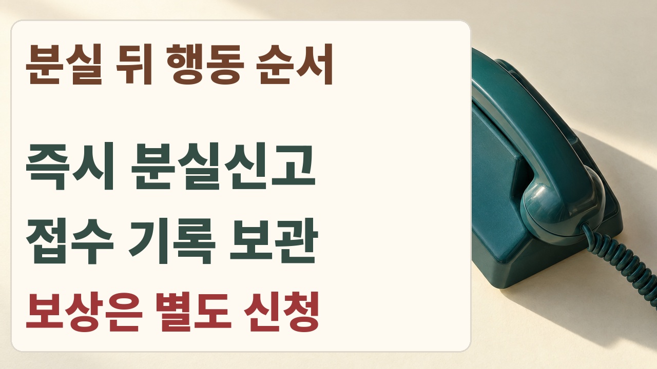분실 후 즉시 신고하고 접수 기록을 보관한 뒤 부정사용 보상은 별도로 신청하는 순서