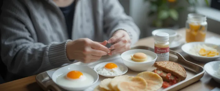 아침 식사 쟁반 옆에 영양제를 놓고 복용 준비 중인 여성