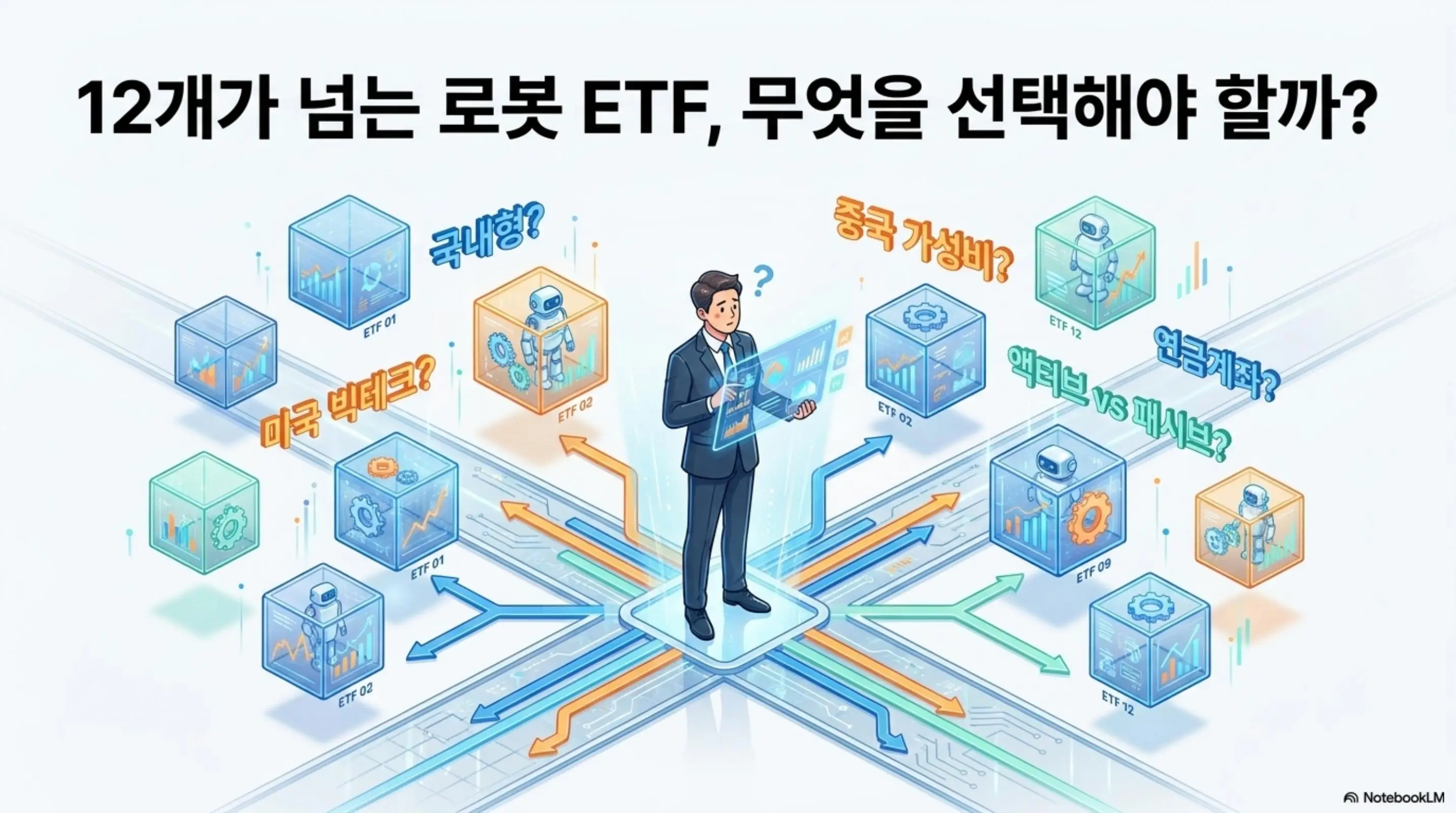 AI 로봇 ETF 비교: 투자자가 12개가 넘는 로봇 ETF 중 무엇을 선택해야 할지 고민하는 모습을 묘사한 인포그래픽으로 국내형과 미국 빅테크 그리고 중국 가성비와 액티브 대 패시브 등 다양한 선택지를 시각적으로 보여주는 이미지