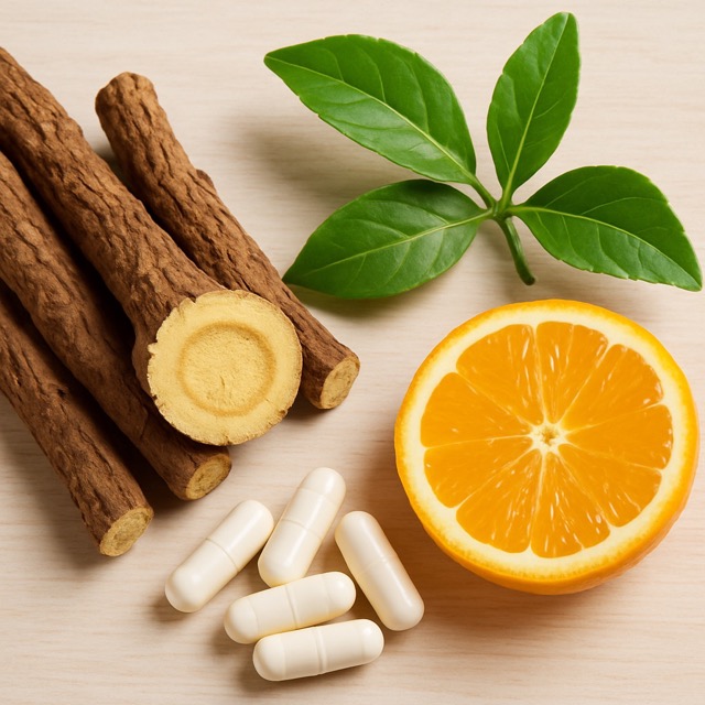 파이토블락 주요 성분을 사실적으로 표현한 이미지 – 감초 단면, 녹차 잎, 비타민C의 원료인 오렌지, 그리고 보조제 형태의 캡슐까지 자연스럽게 배열한 구성 (출처: 자체제작)