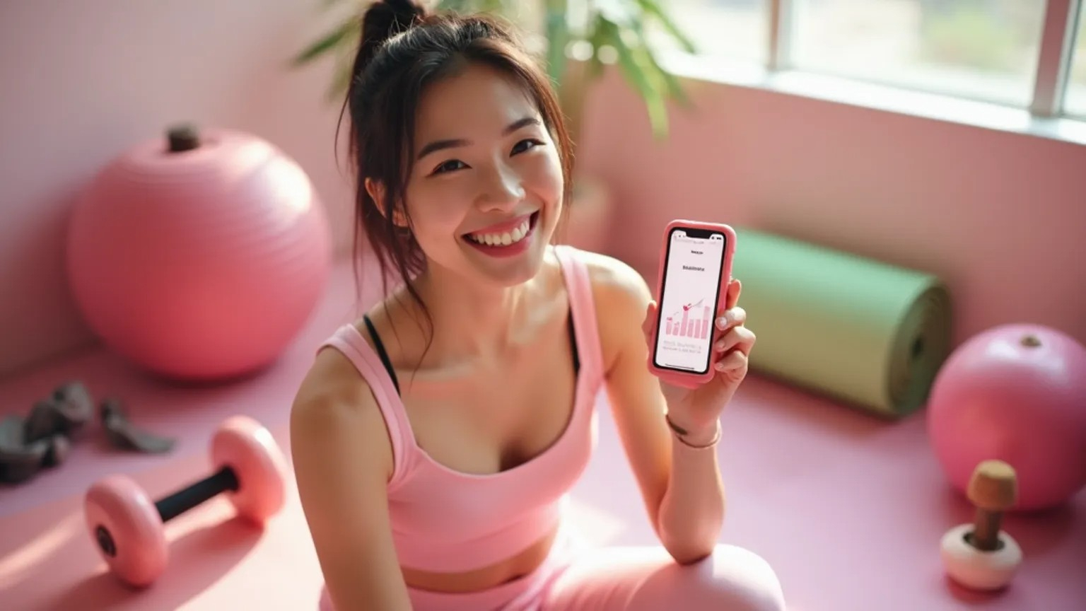 건강하게 운동하며 스마트폰으로 소득공제 혜택을 확인하는 행복한 한국 여성