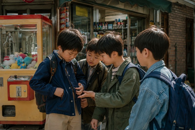 책가방을 멘 네 아이가 문방구 앞에서 주머니와 손바닥을 살피며 동전을 찾는 모습