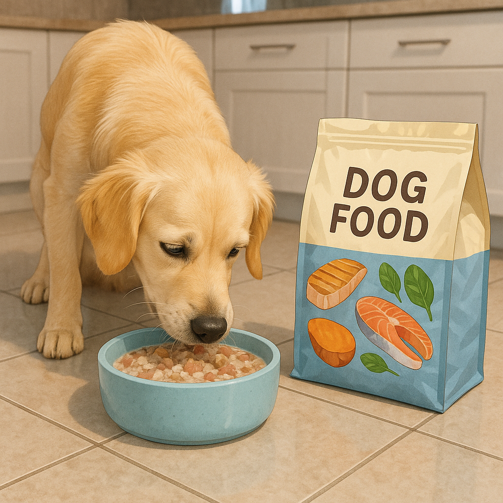 여름철 어린 강아지가 사료를 맛있게 먹는 장면 이미지