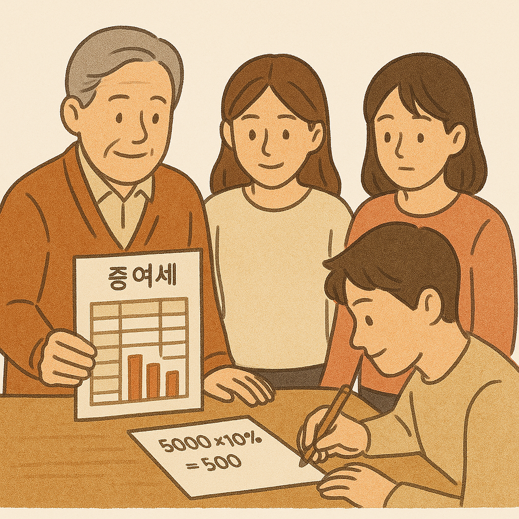 가족들과 증여세를 계산하는 사람의 일러스트