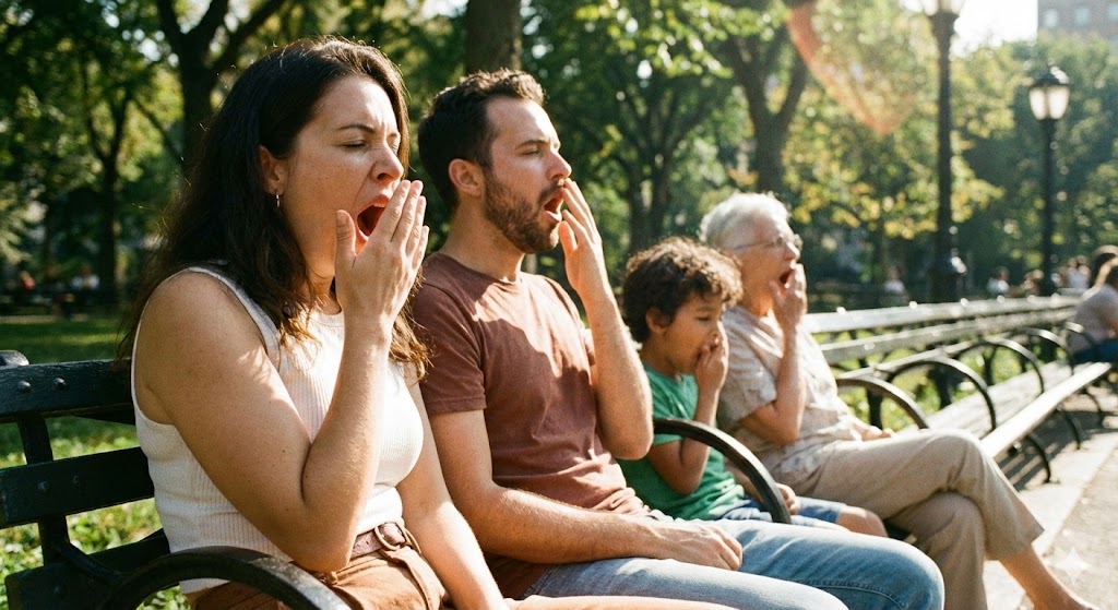 햇살-가득한-공원-벤치에-나란히-앉아-연쇄적으로-하품을-하는-다양한-연령대의-사람들-모습을-담은-사진입니다.-하품의-전염성을-시각적으로-보여줍니다.