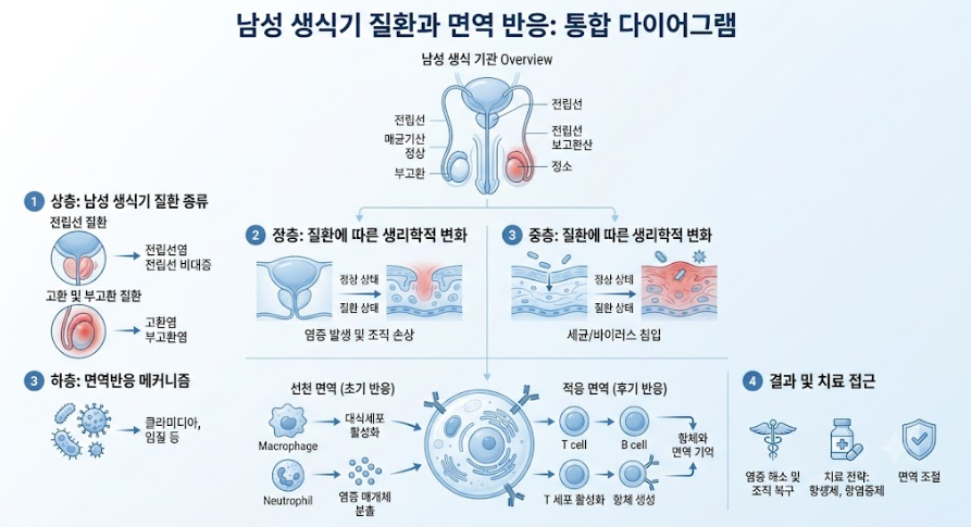 남성 생식기 질환과 면역 반응을 설명하는 미니멀하고 전문적인 의학 다이어그램