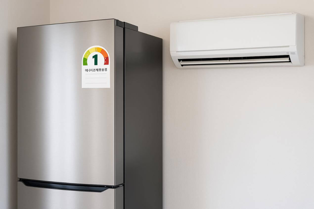 냉장고와 에어컨에 고효율 1등급 라벨이 부착된 모습