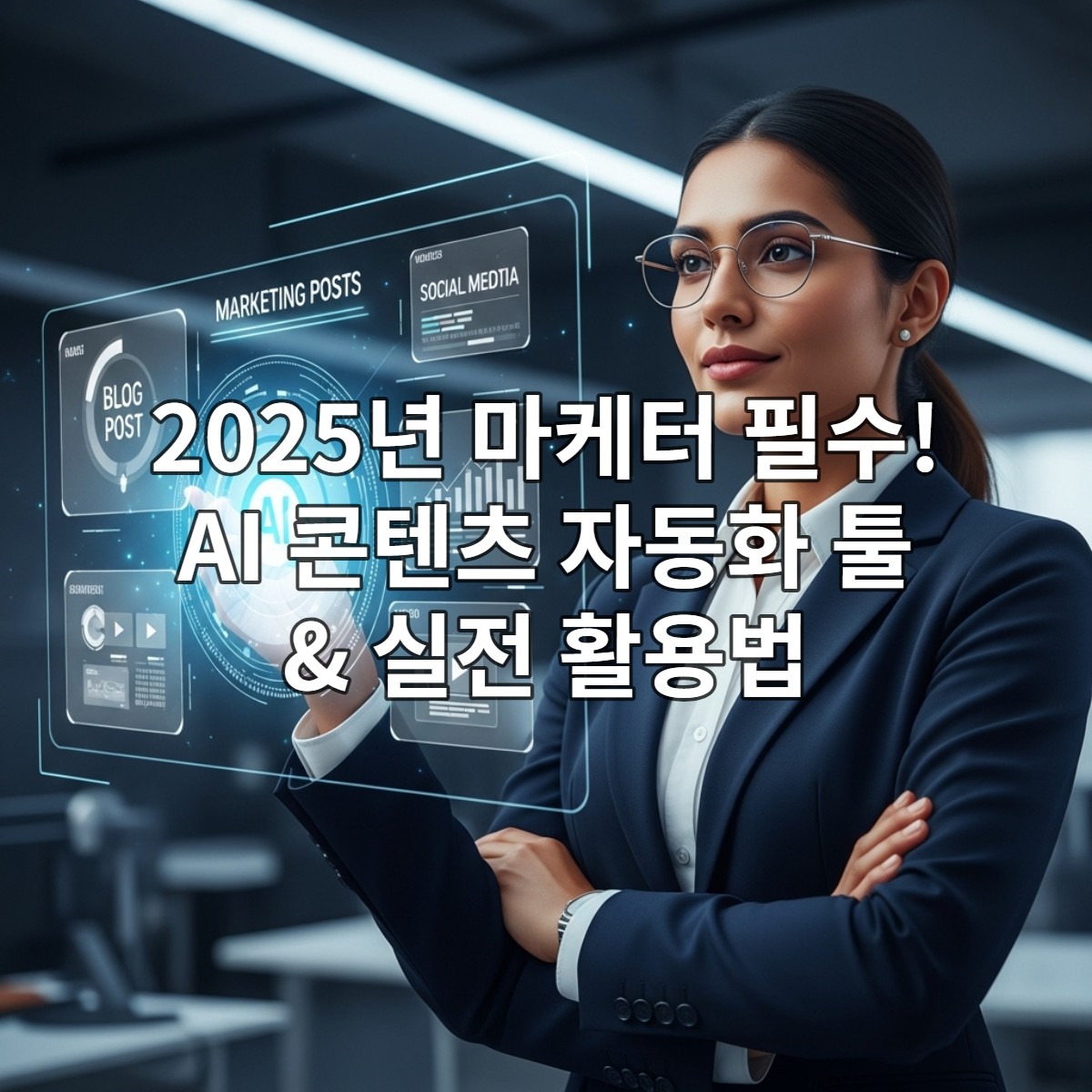 홀로그램 디스플레이를 보며 AI가 콘텐츠를 자동 생성하는 모습을 확인하는 미래 지향적인 마케터. 2025년 AI 마케팅 효율성을 상징.