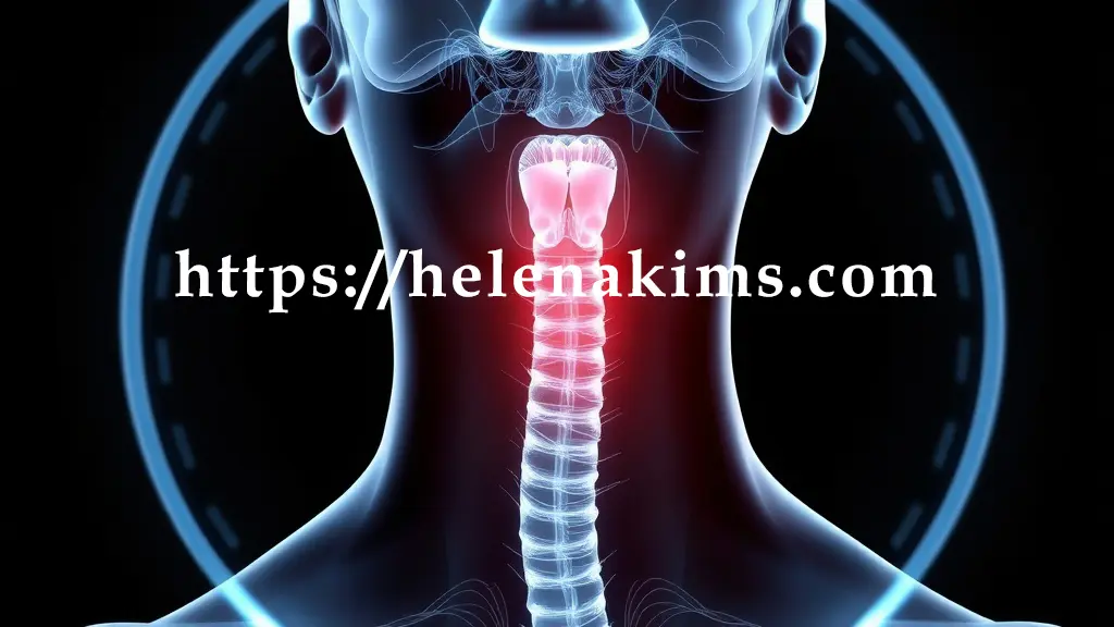 인간의 두경부 투명 해부도를 중심으로, 기도가 좁아지거나 막힌 부위를 선명하게 표현한다. 내시경 카메라의 빛이 좁은 기도 안을 비추거나, CT 스캔 라인이 기도를 정밀하게 분석하는 듯한 과학적이고 명확한 이미지.