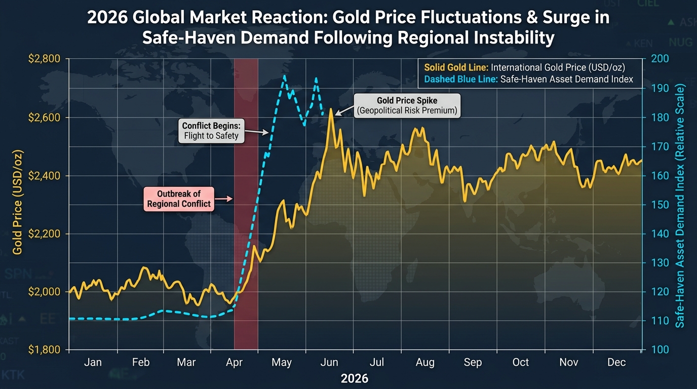 2026년 이란 전쟁 발발 이후 국제 금 시세 변동 추이와 안전자산 수요 폭증 그래프