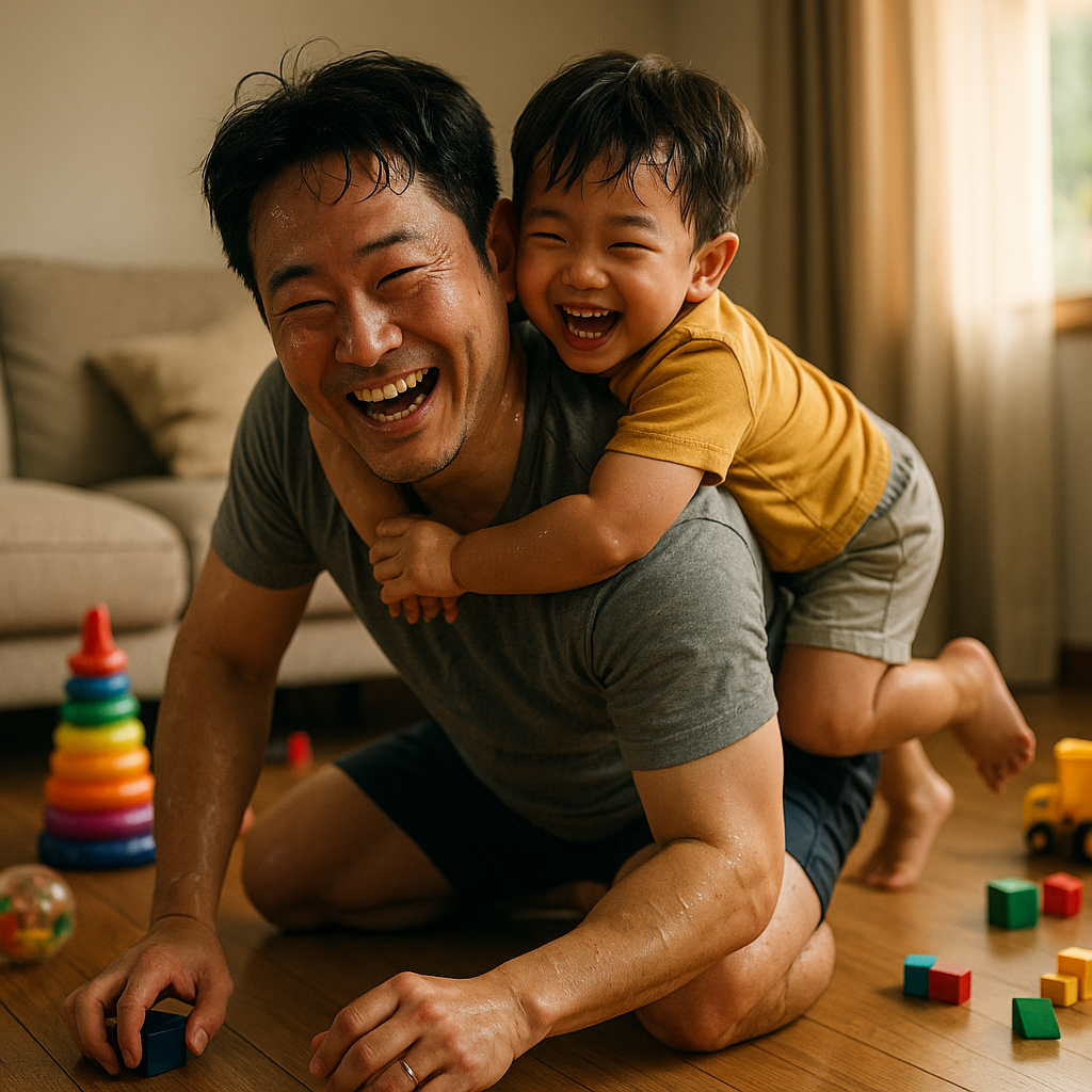 아빠 등에 매달린 아들이 환하게 웃고 있는 가족 놀이 시간