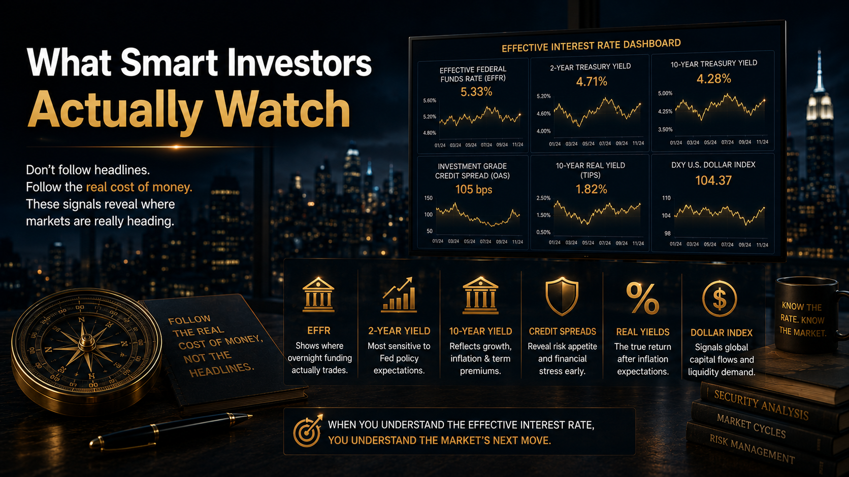 Professional investment dashboard displaying the Effective Federal Funds Rate, Treasury yields, credit spreads, real yields, and the U.S. Dollar Index for market analysis.