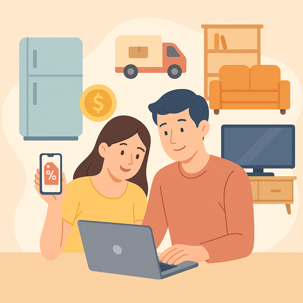 신혼부부가 가전제품 할인 정보를 함께 확인하는 장면