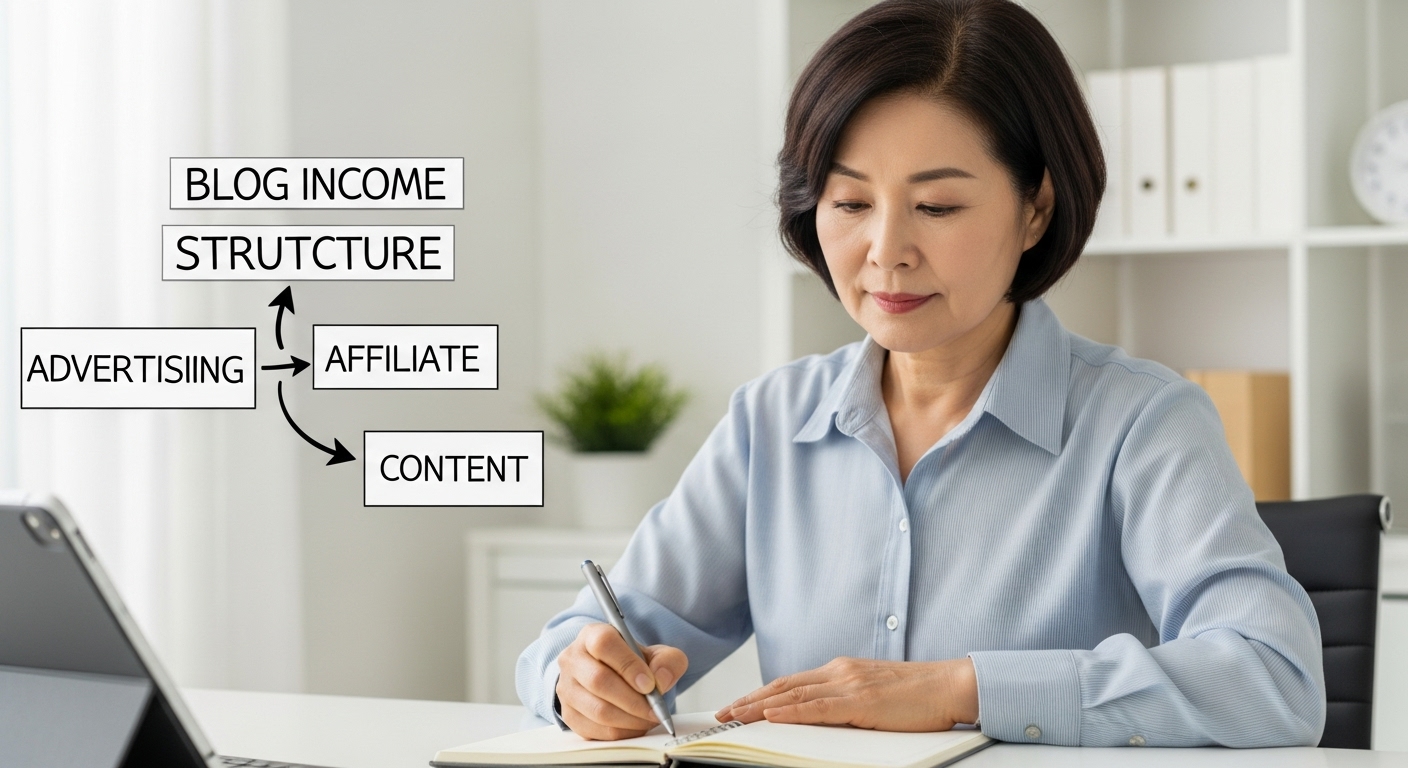 블로그 수익 구조를 도식으로 정리하는 장면