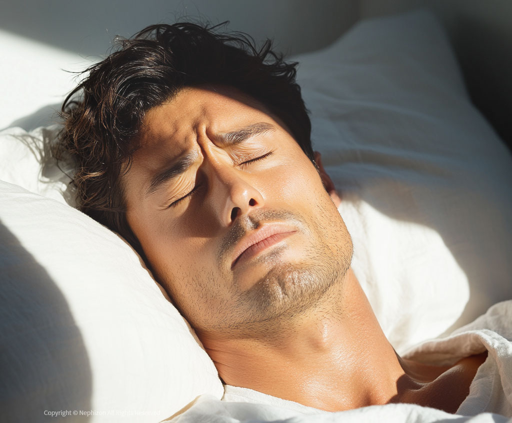 숙면 후 누적된 피로 상태로 기상하는 남성의 모습