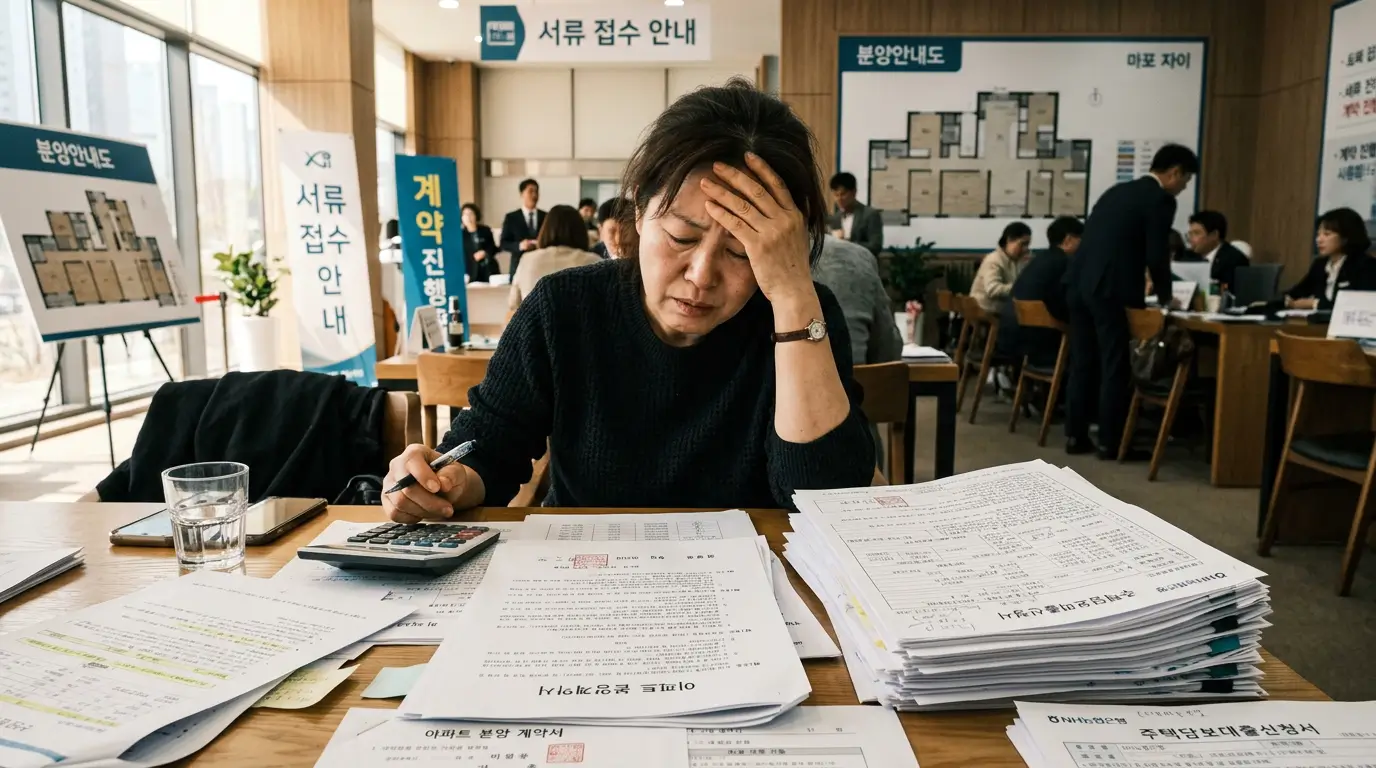 복잡한 대출 서류와 아파트 분양 계약서를 보며 고뇌하는 수분양자