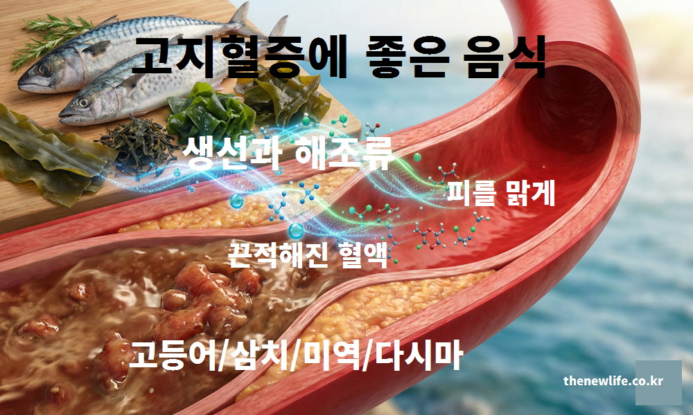 고지혈증에 좋은 음식인 생선과 해조류의 작용 원리를 설명하는 이미지