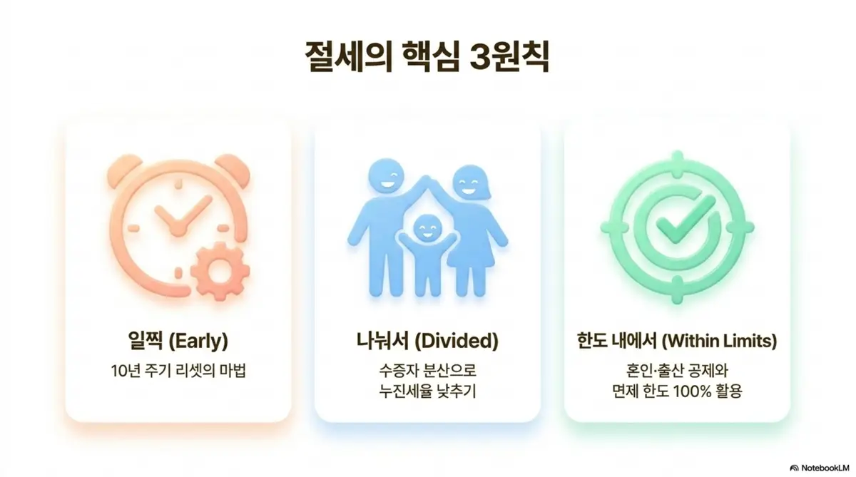 증여세 절세방법: 시계 아이콘과 가족 아이콘 및 타겟 아이콘을 활용하여 증여세 절세의 핵심 3원칙인 일찍 시작하기와 수증자 분산 그리고 공제 한도 내에서 진행하기를 정리한 인포그래픽 이미지. 이 이미지는 증여세 절세 방법의 핵심 전략 3가지를 시각적으로 전달하며 블로그의 증여세 절세 전략과 관련된 내용을 설명함