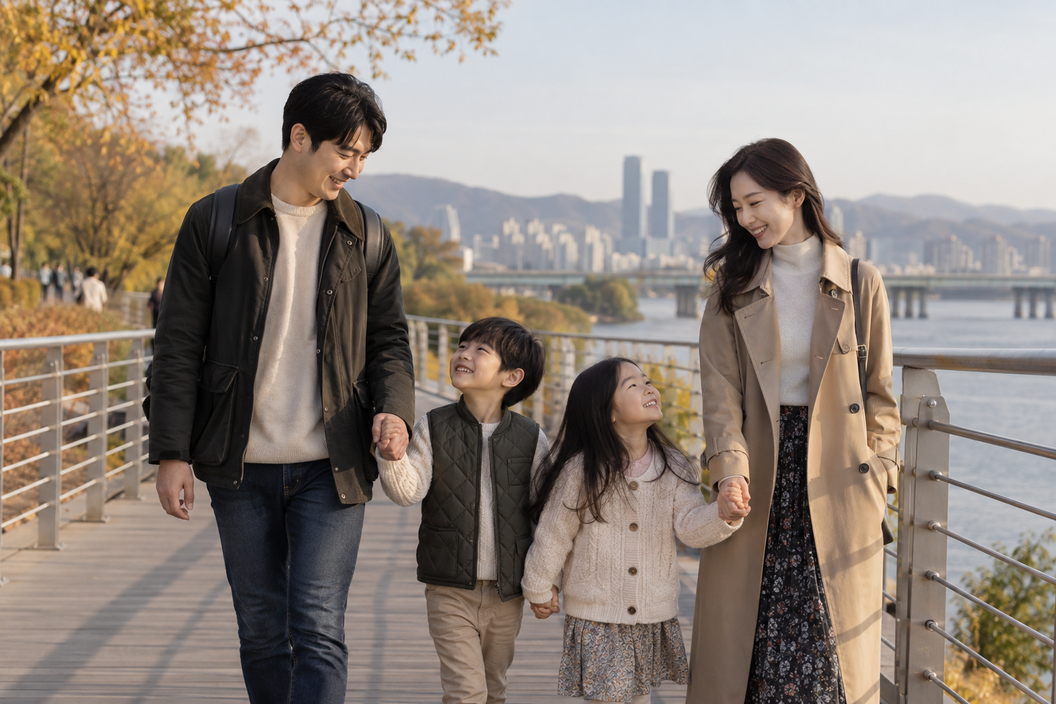 가을 강변 보행 공간을 걷는 가족