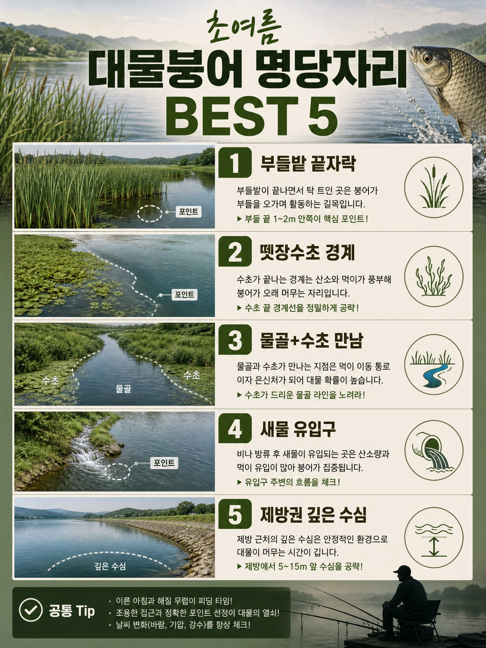 초여름 대물 붕어가 붙는 5가지 핵심 명당자리(부들, 뗏장, 물골 등) 요약