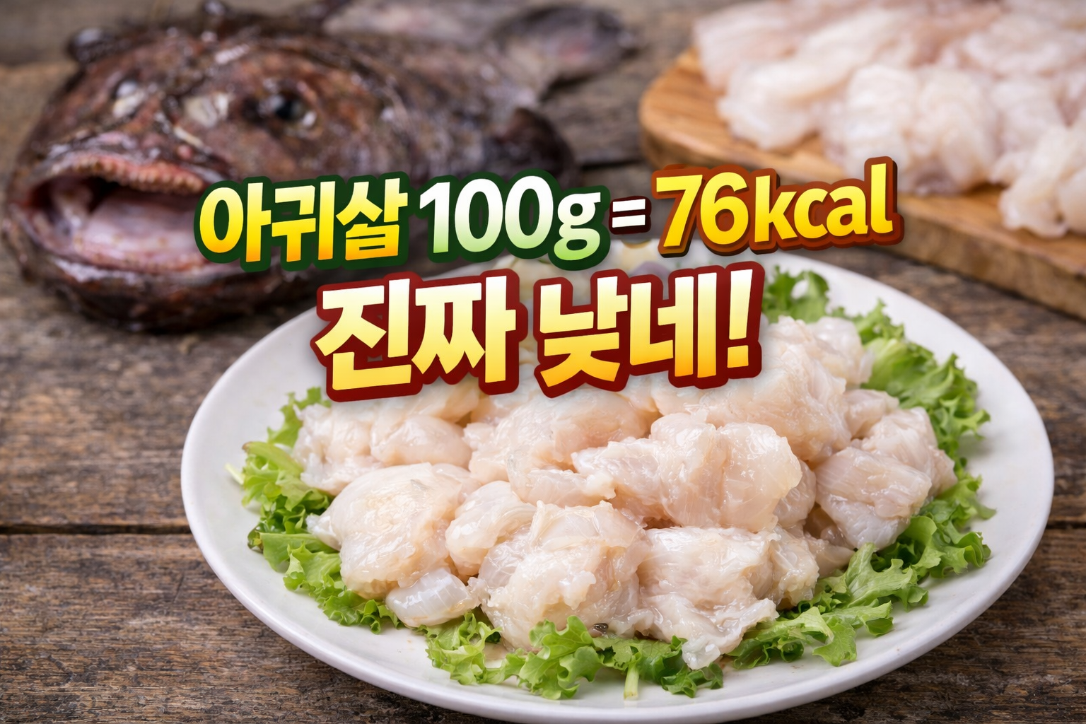 아귀살 생손질 모습, 접시에 담긴 아귀살과 아귀 머리, 아귀살 저지방 고단백 해산물 설명 이미지