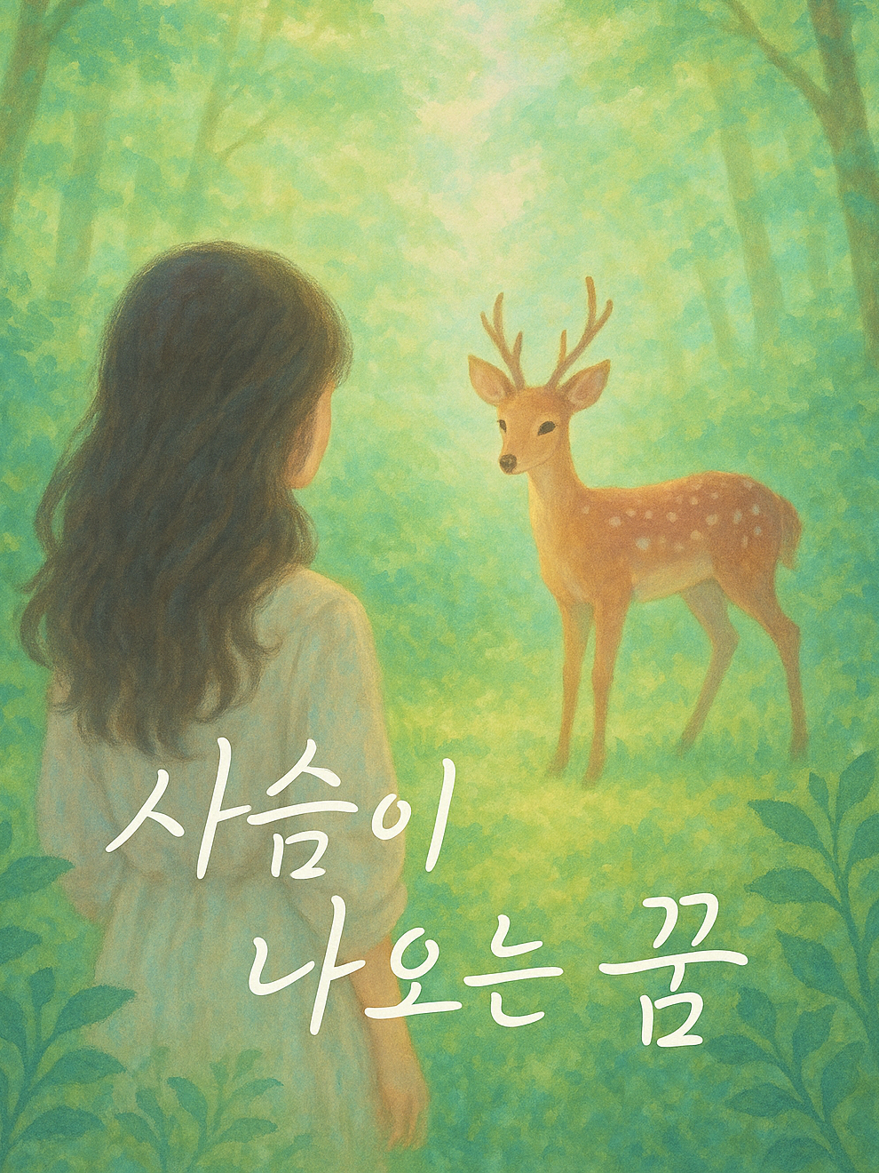 초록빛이 가득한 몽환적 숲속에서 한 여성이 사슴을 바라보는 따뜻한 일러스트 장면.