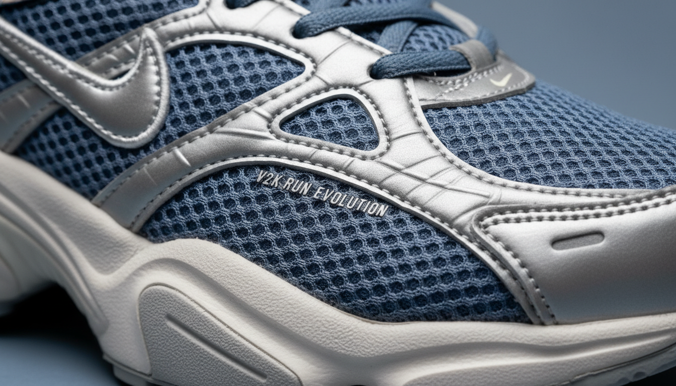 나이키 V2K 런 에볼루션의 블루그레이 메쉬 소재와 메탈릭 실버 디테일을 보여주는 근접 샷