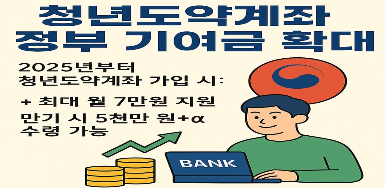 "2025년 청년도약계좌 정부 기여금 확대 안내 이미지, 월 7만 원 지원과 만기 수령액 포함"
