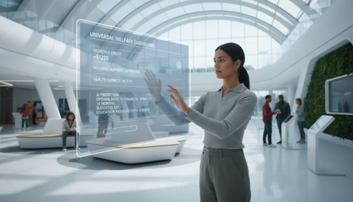 투명한 화면에서 AI가 예측한 복지 정보를 쉽고 편리하게 확인하는 사람의 모습, 미래의 효율적인 복지 시스템을 상징