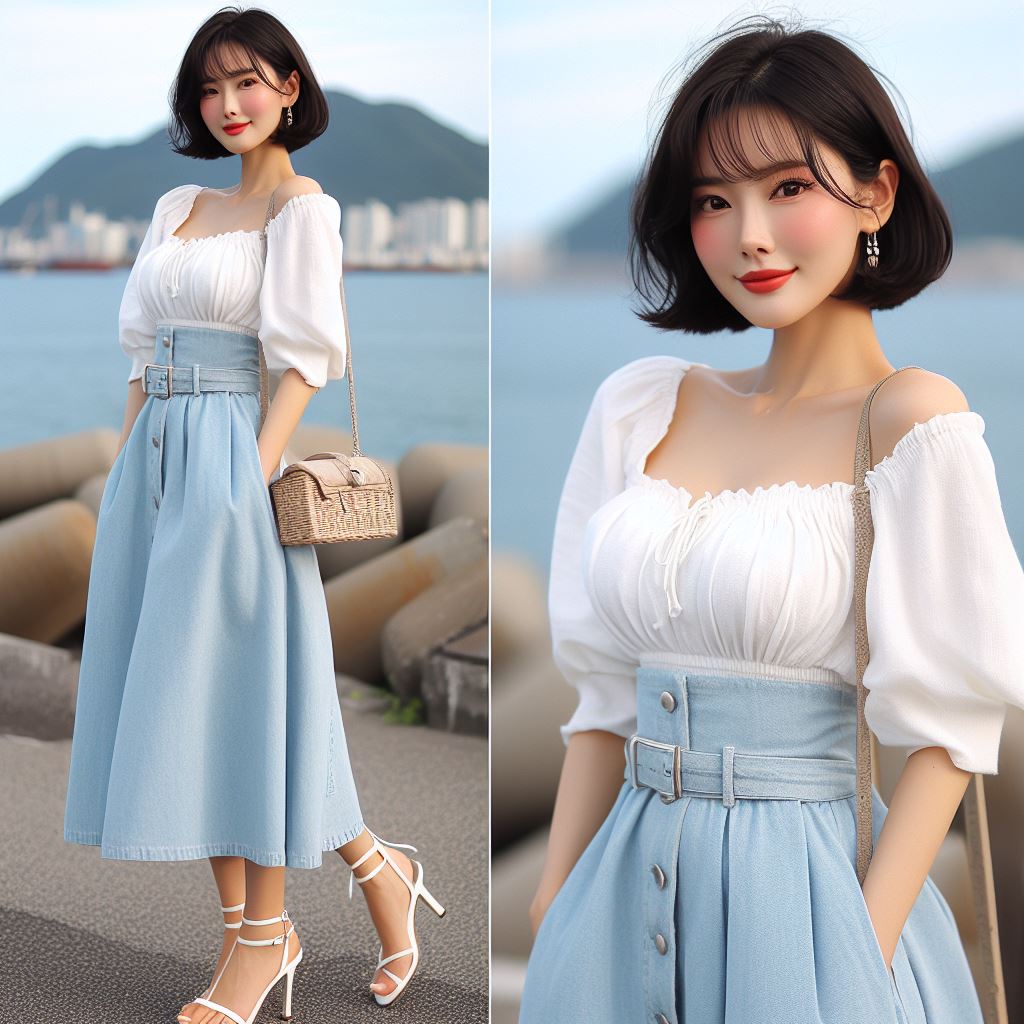 굽이 높고 스트랩이 가는 흰색 샌달을 신고, 길이는 7부인 H라인 진 재질의 하늘색 롱스커트를 입고, 흰색의 헐렁한 반팔 블라우스를 입고 단발머리 흑발의 예쁜 40대 한국 주부가 방파제 테트라 포드 위에 서 있는 모습