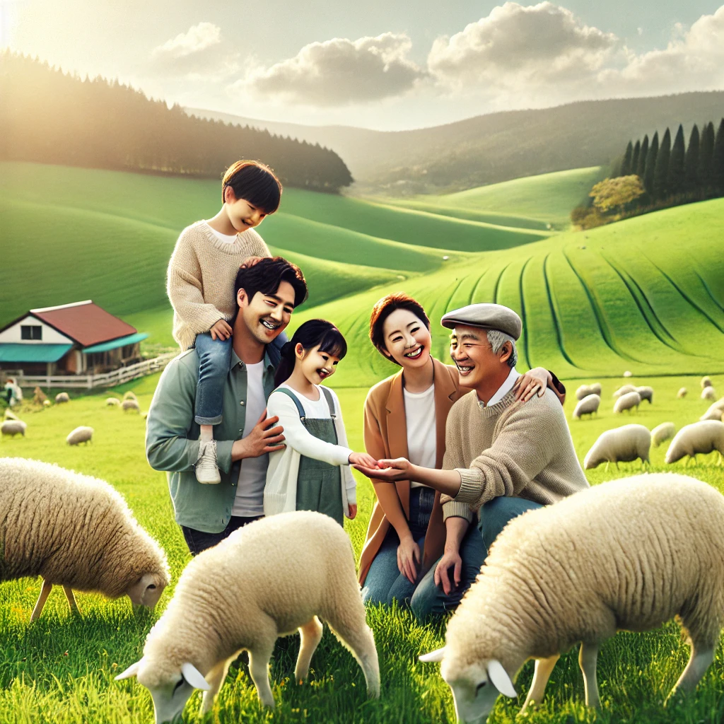 초록 대관련 들판에 양떼와가족들