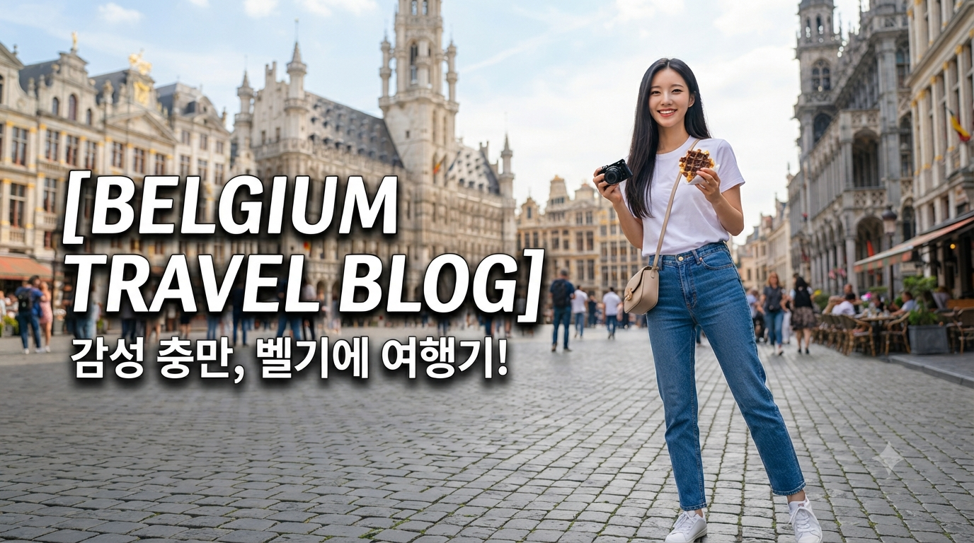 "벨기에 여행 중 아름다운 유럽풍 광장을 배경으로 흰색 반팔 티셔츠와 리바이스 일자 청바지, 흰색 운동화를 착용한 긴 생머리의 25살 한국 여성 블로거의 모습"