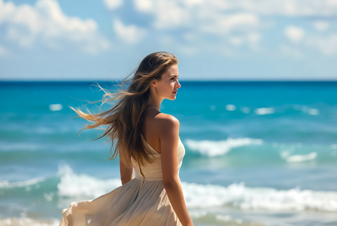 바다를 바라보는 여성의 모습 ai 이미지